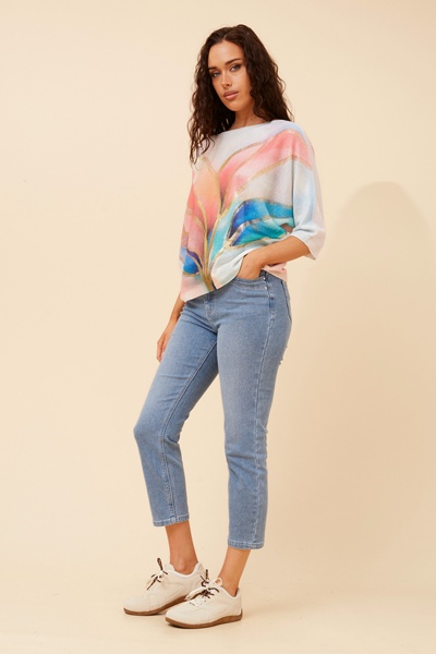 FLORELLA LEAF PRINT KNIT PULLOVER