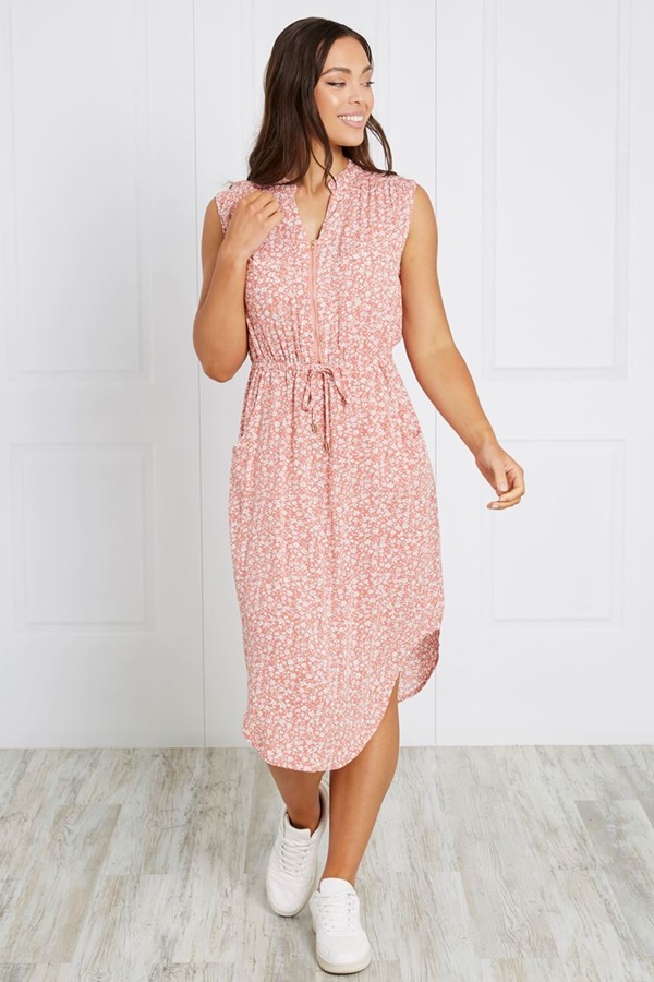 FRONT ZIP DITSY FLORAL MIDI DRESS