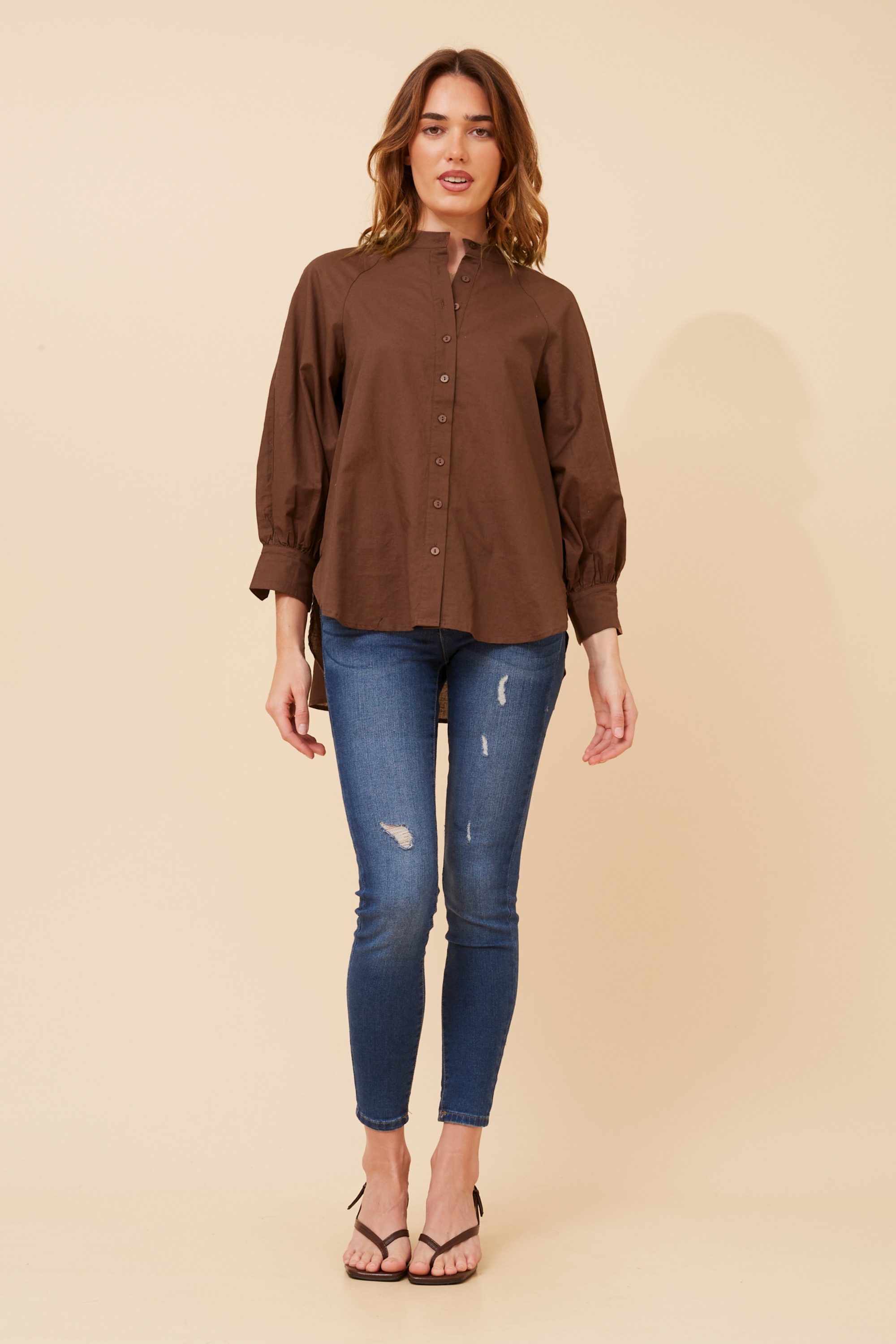 GAYEL SOLID LINEN BLEND BLOUSE
