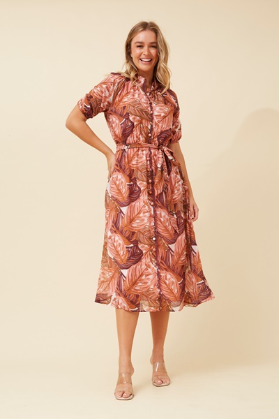 GENEVA LEAF PRINT MIDI DRESS