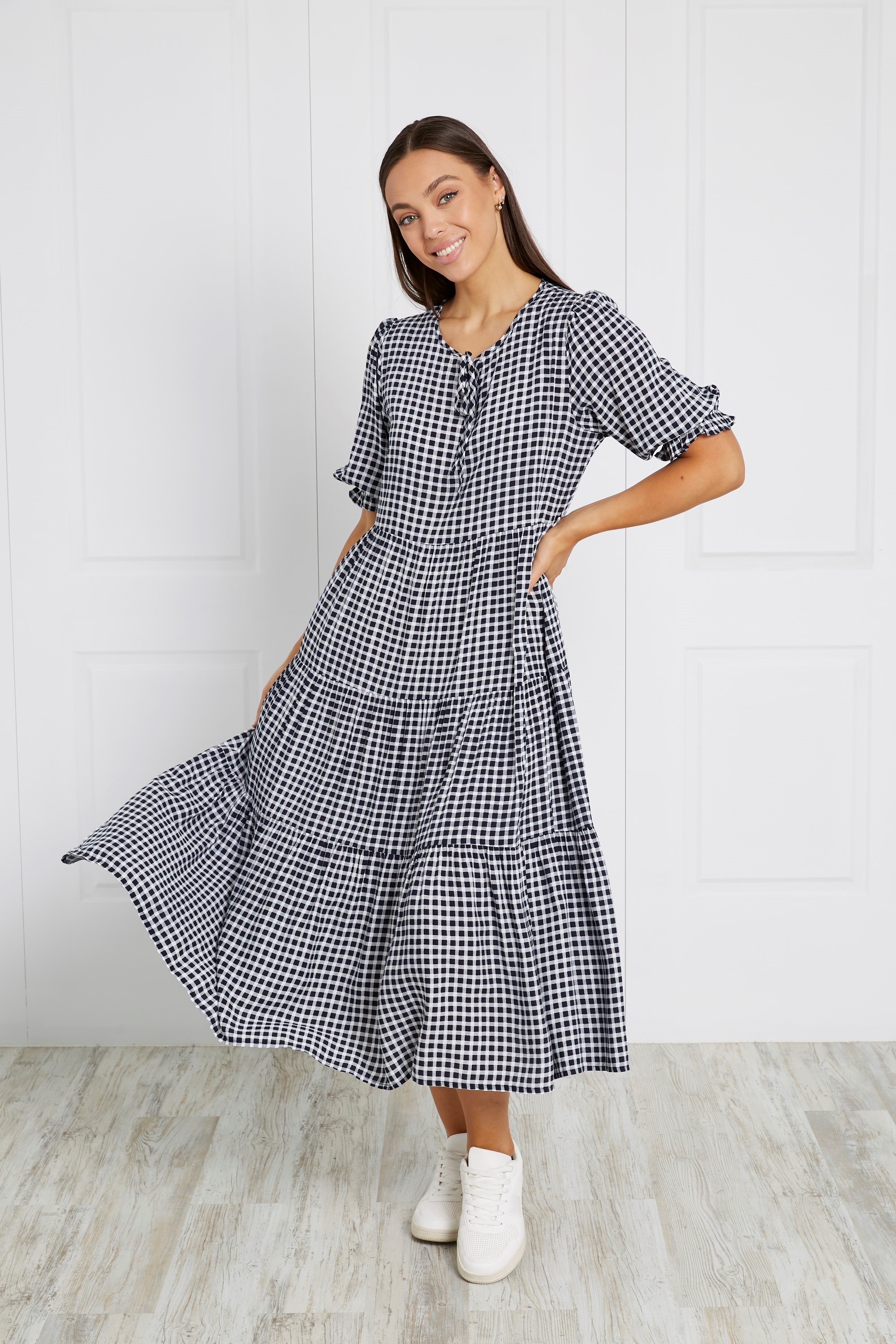 GINGHAM TIERED MIDI DRESS | FEMME ...