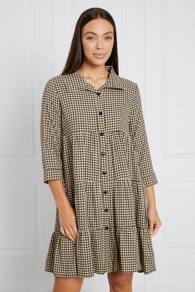 GINGHAM TIERED SHIRT DRESS