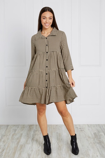 GINGHAM TIERED SHIRT DRESS