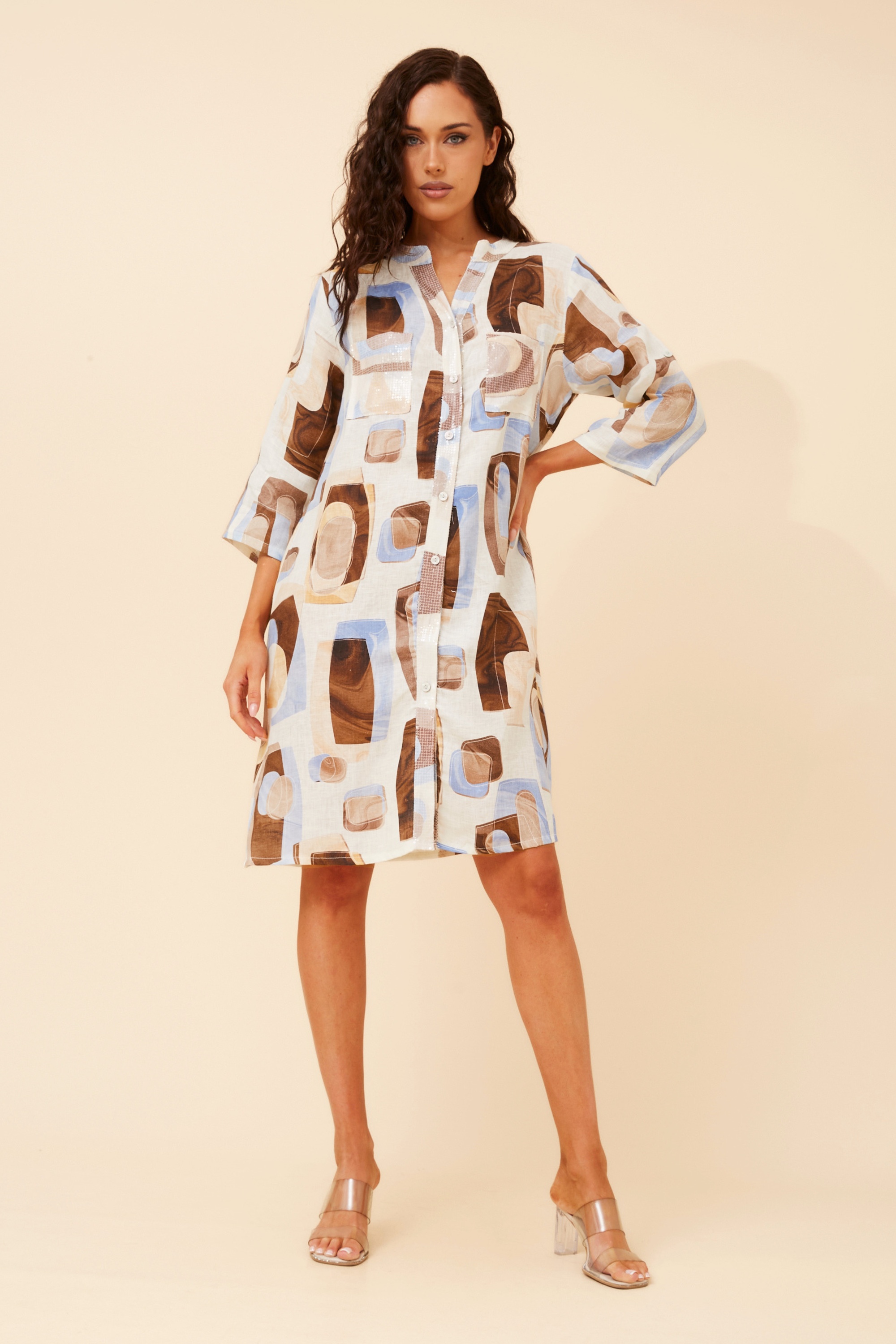 GRAZIA GEOMETRIC LINEN BLEND DRESS