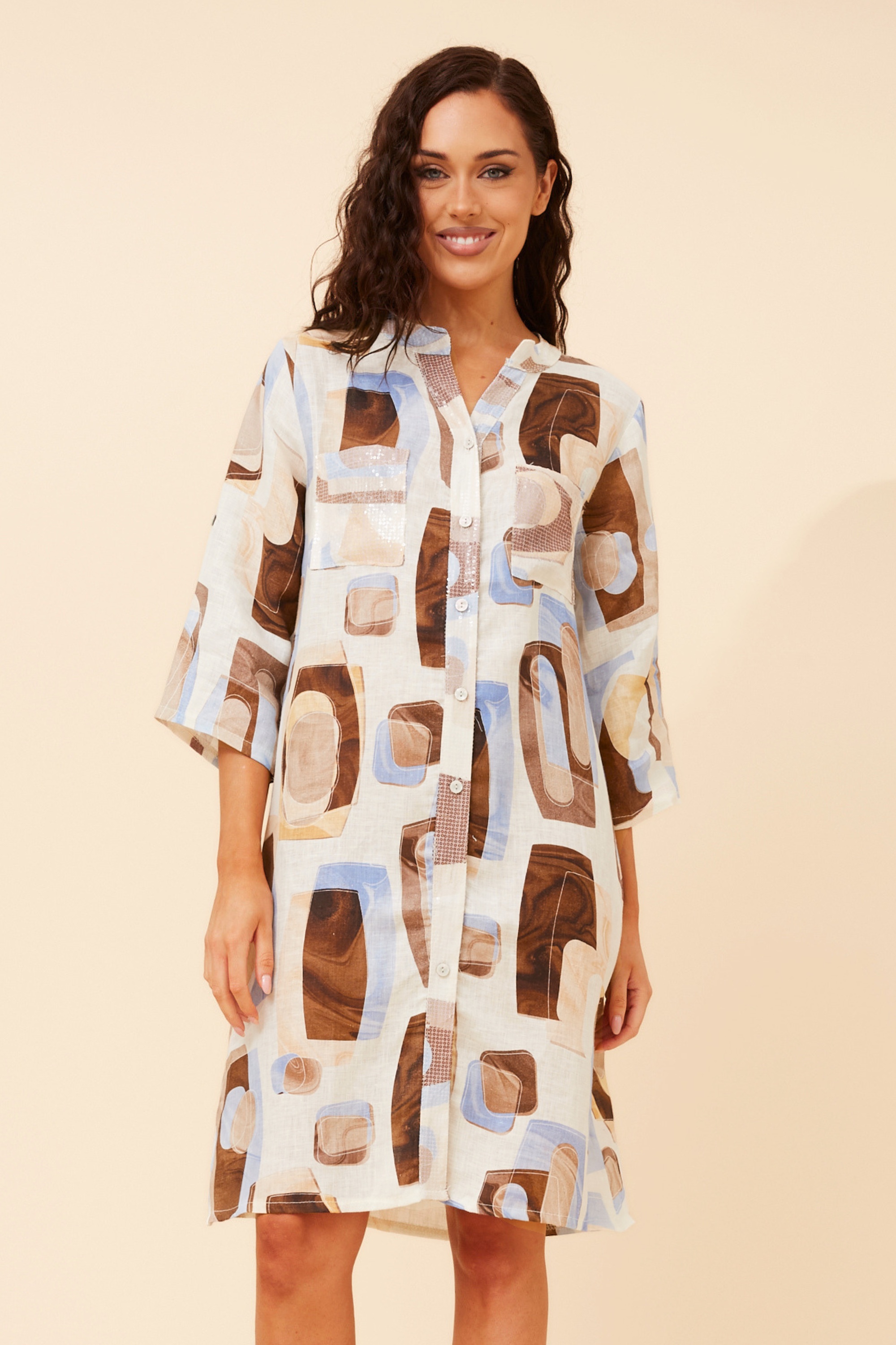 GRAZIA GEOMETRIC LINEN BLEND DRESS