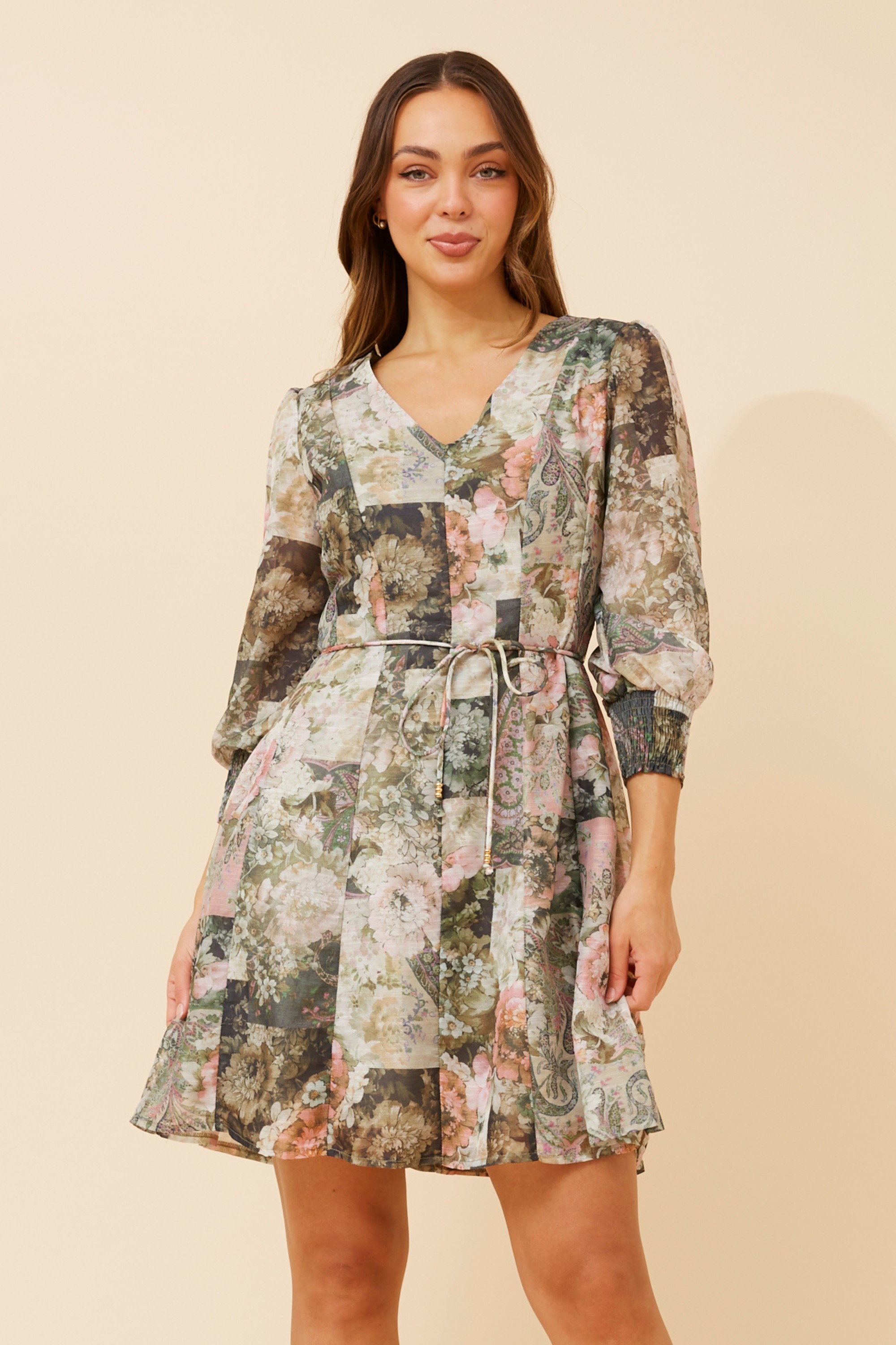 HEMSLEY PATCHWORK PRINT DRESS
