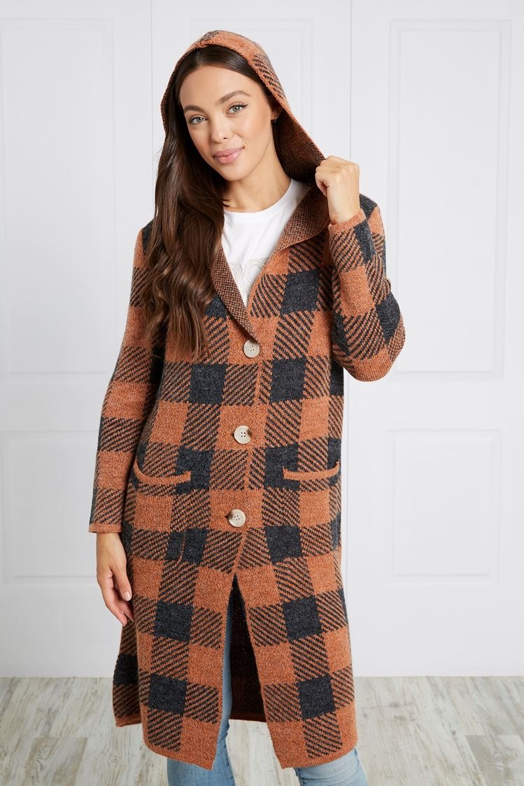 HOODED CHECK KNIT CARDIGAN