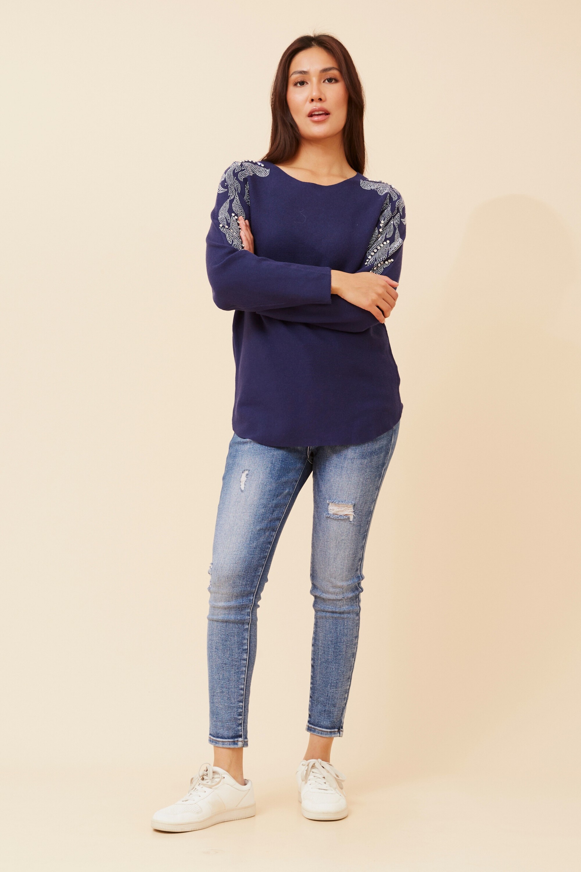 HOWARD SOLID EMBELLISHED KNIT PULLOVER