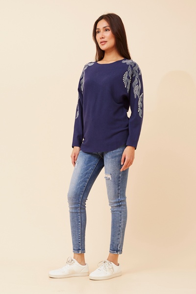 HOWARD SOLID EMBELLISHED KNIT PULLOVER