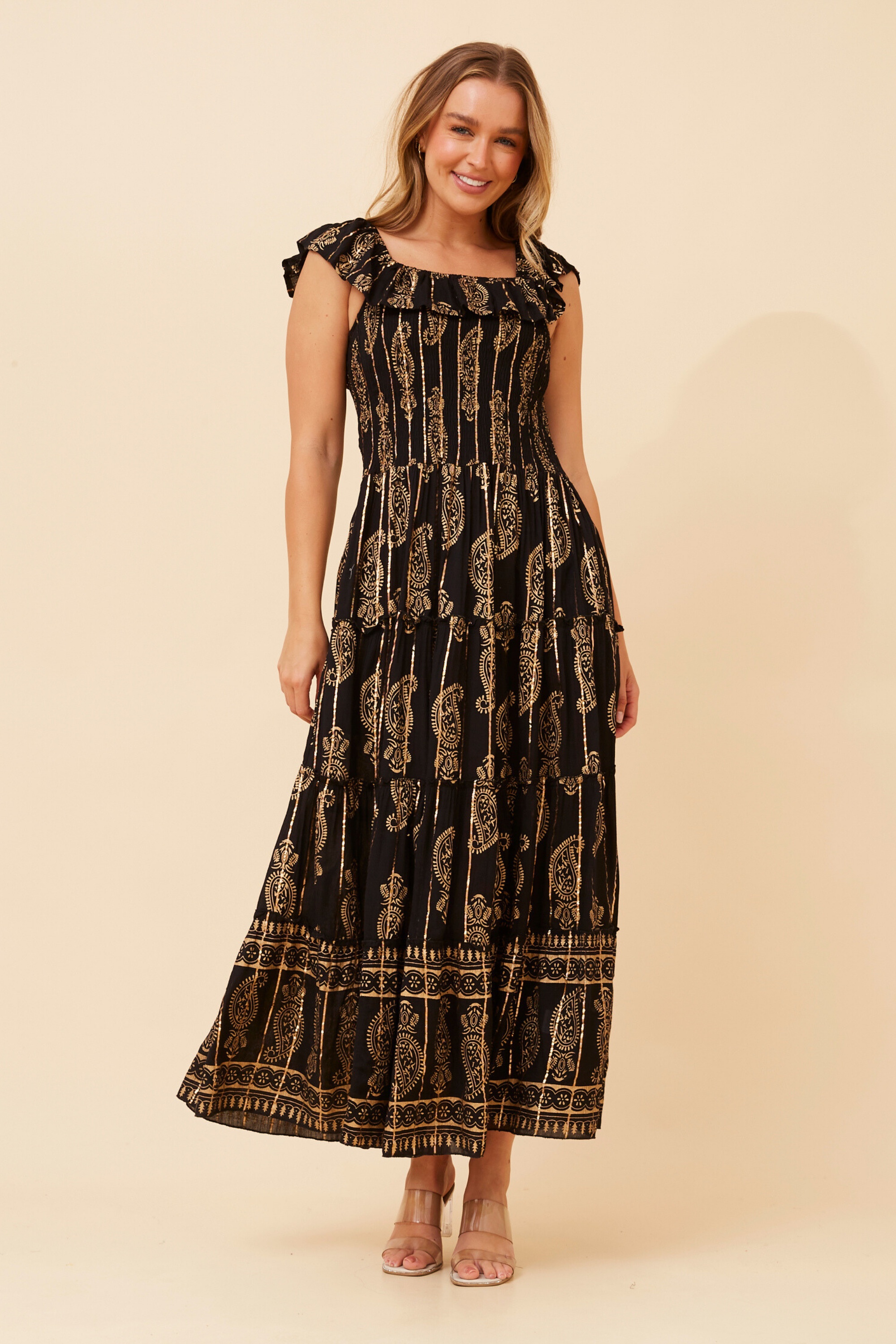 ISHIRA FOIL PRINT TIERED DRESS