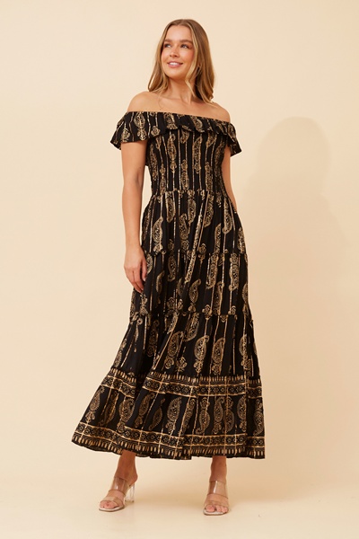 ISHIRA FOIL PRINT TIERED DRESS