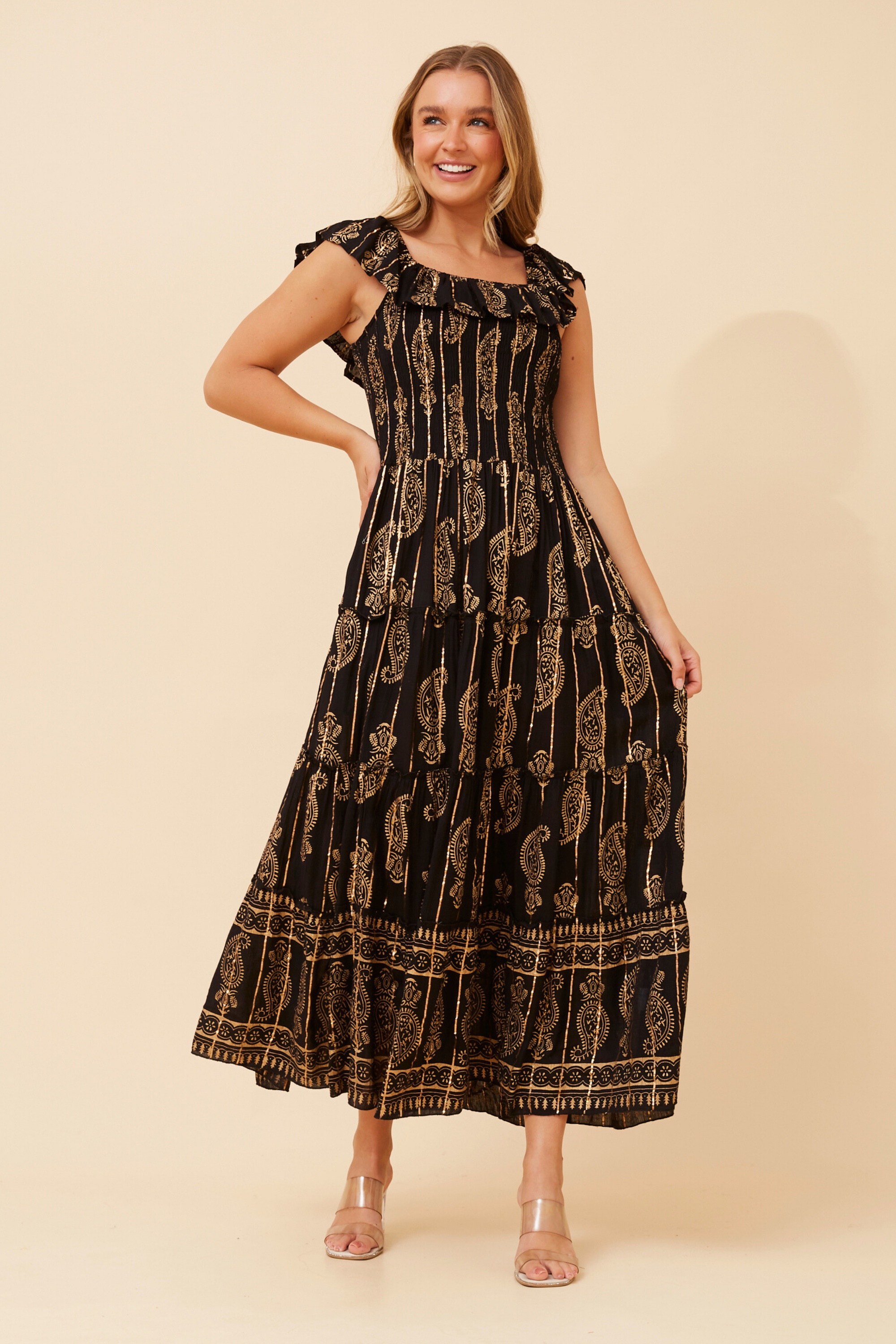 ISHIRA FOIL PRINT TIERED DRESS