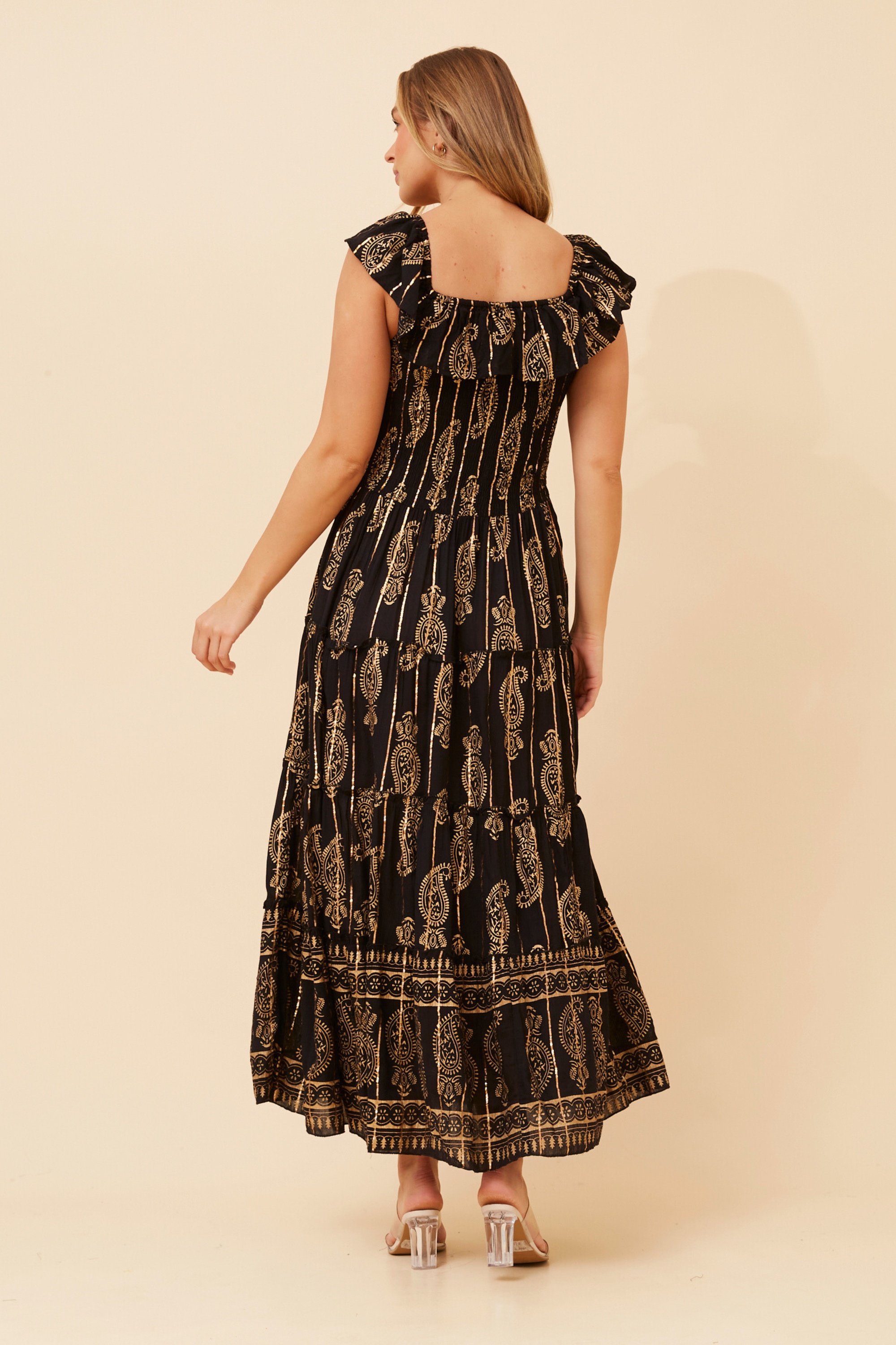 ISHIRA FOIL PRINT TIERED DRESS
