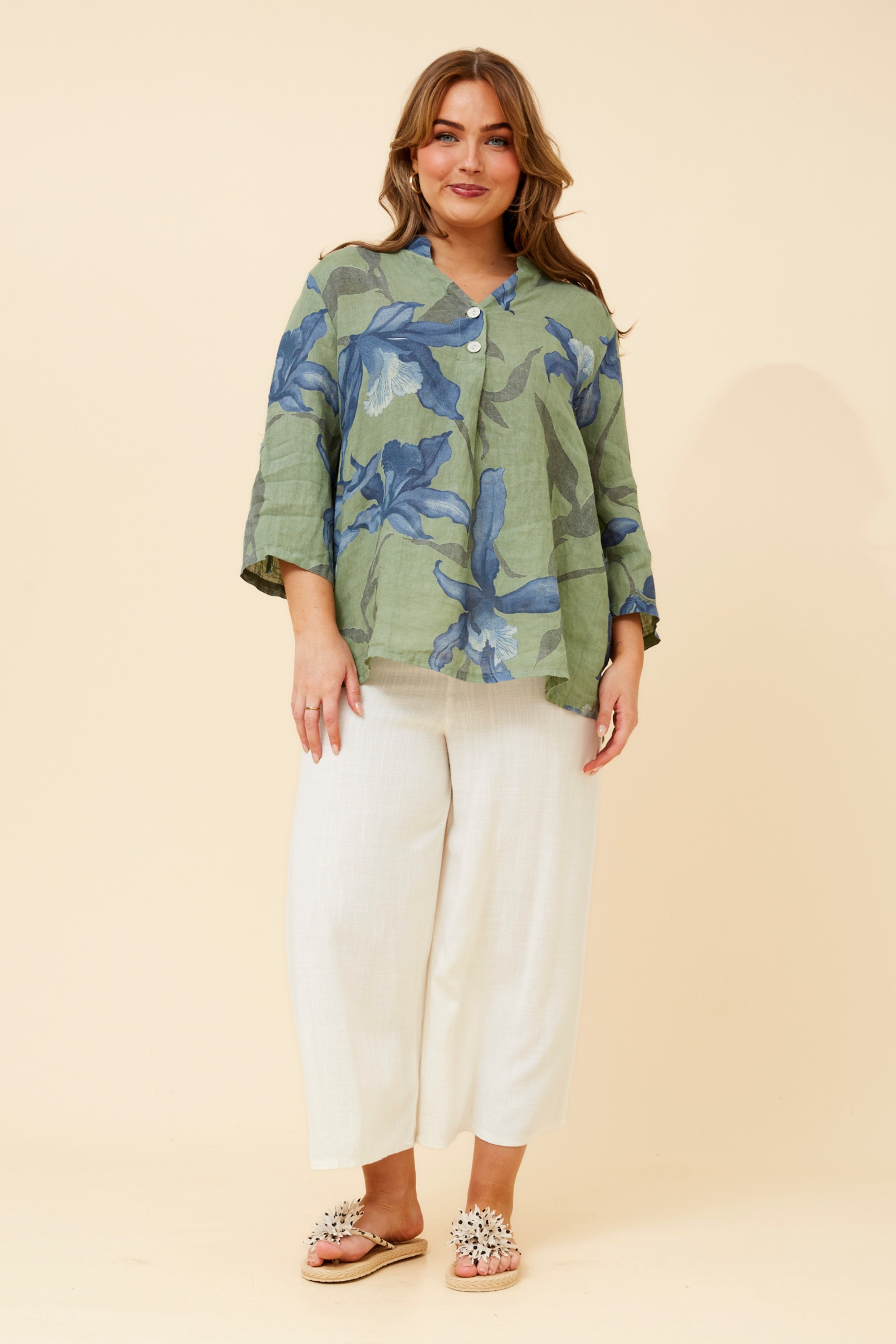 IVALDA LEAF PRINT LINEN TOP