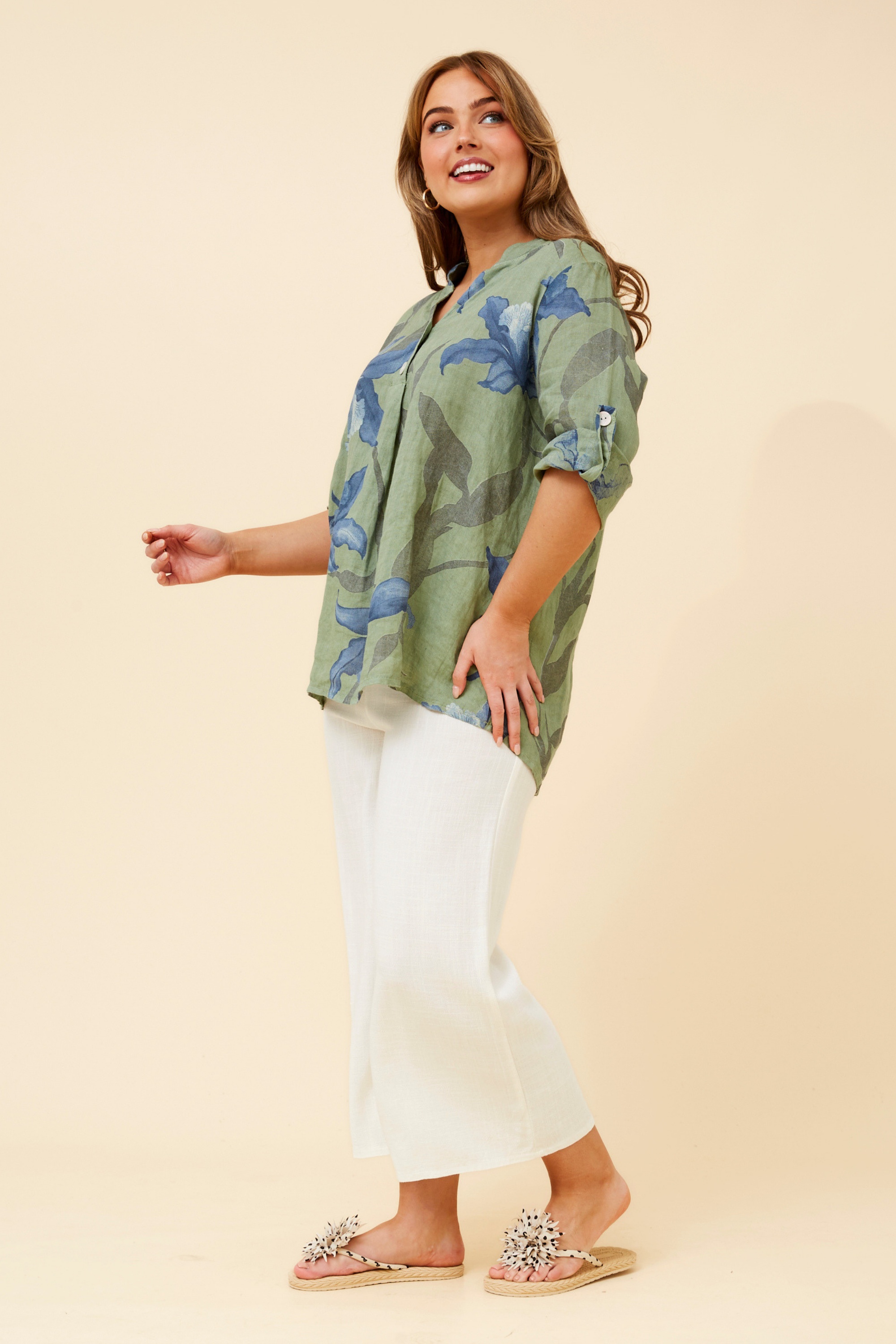 IVALDA LEAF PRINT LINEN TOP
