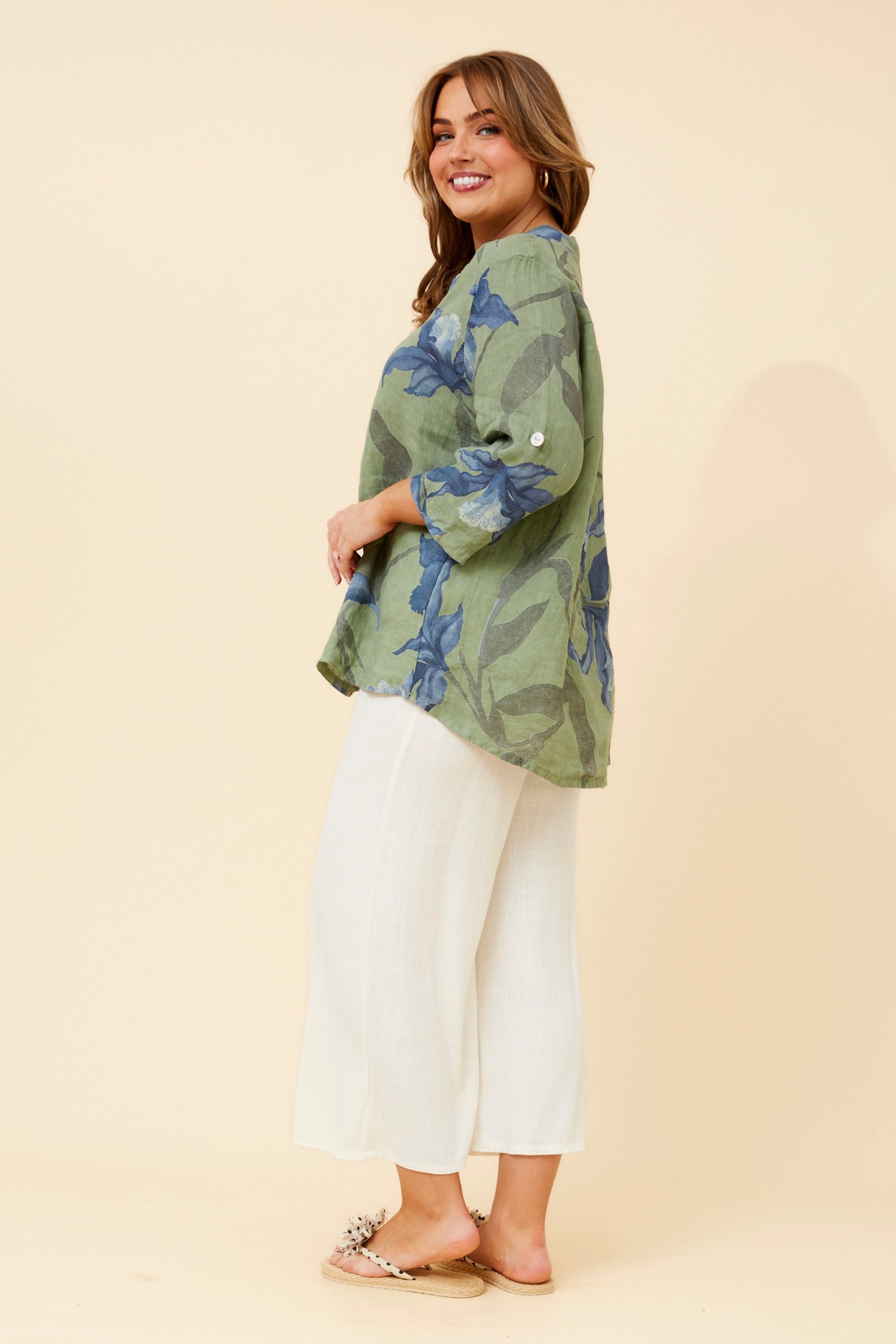 IVALDA LEAF PRINT LINEN TOP