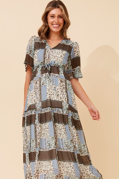 IVANA PACHTWORK PRINT MAXI DRESS