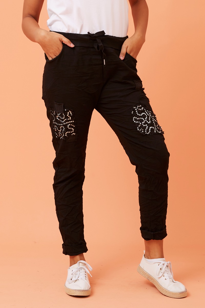 JANJA SEQUIN PATCHWORK PRINT JOGGERS JANJA SEQUIN PATCHWORK PRINT JOGGERS