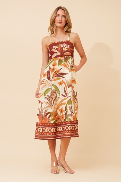 JAVAN BORDER PRINT MIDI DRESS