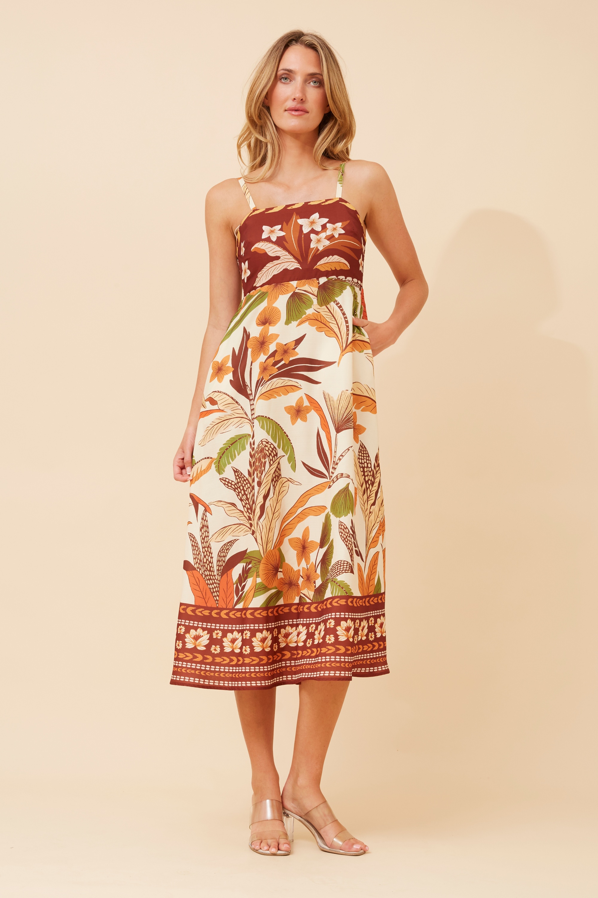 JAVAN BORDER PRINT MIDI DRESS