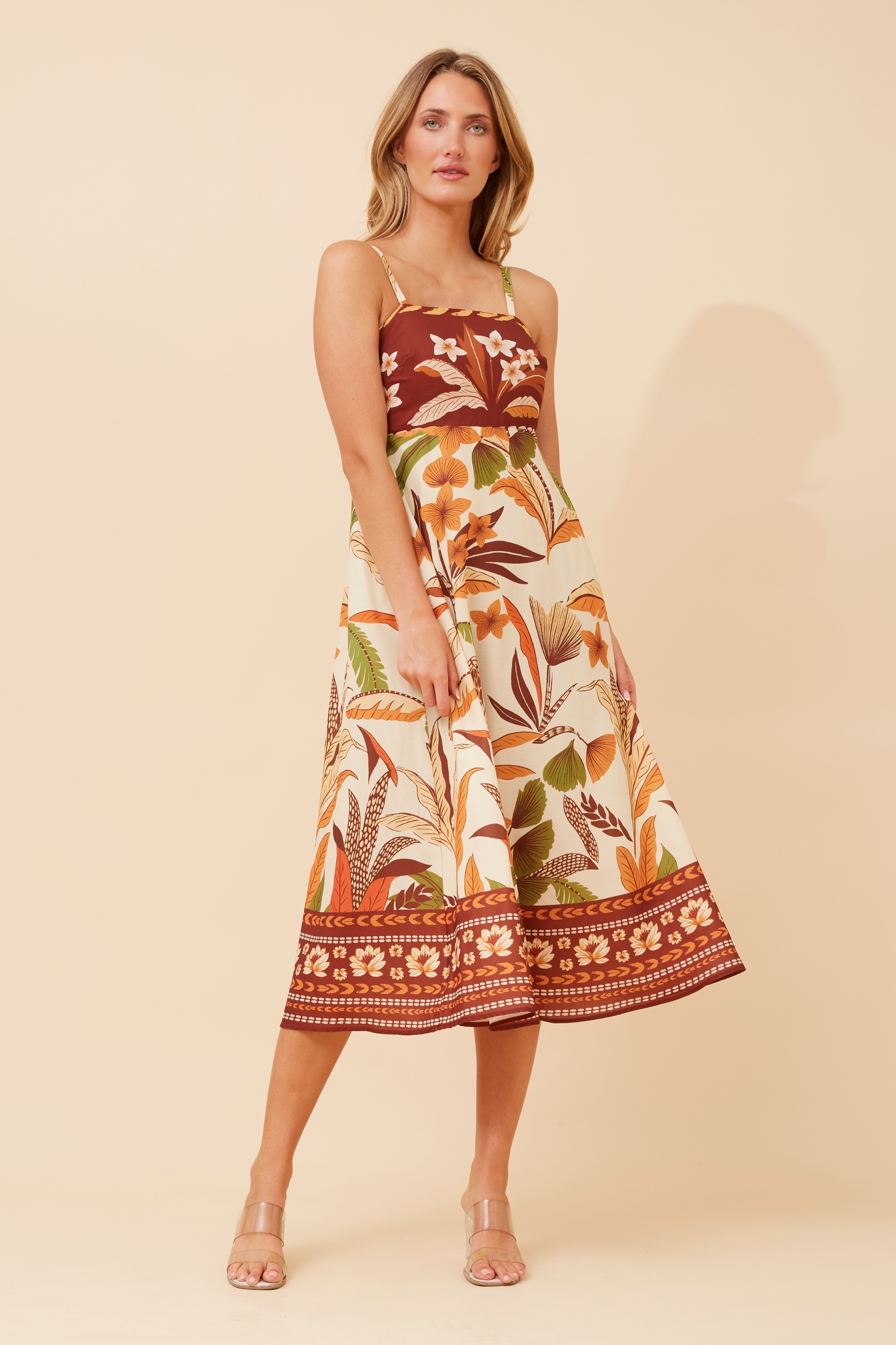 JAVAN BORDER PRINT MIDI DRESS