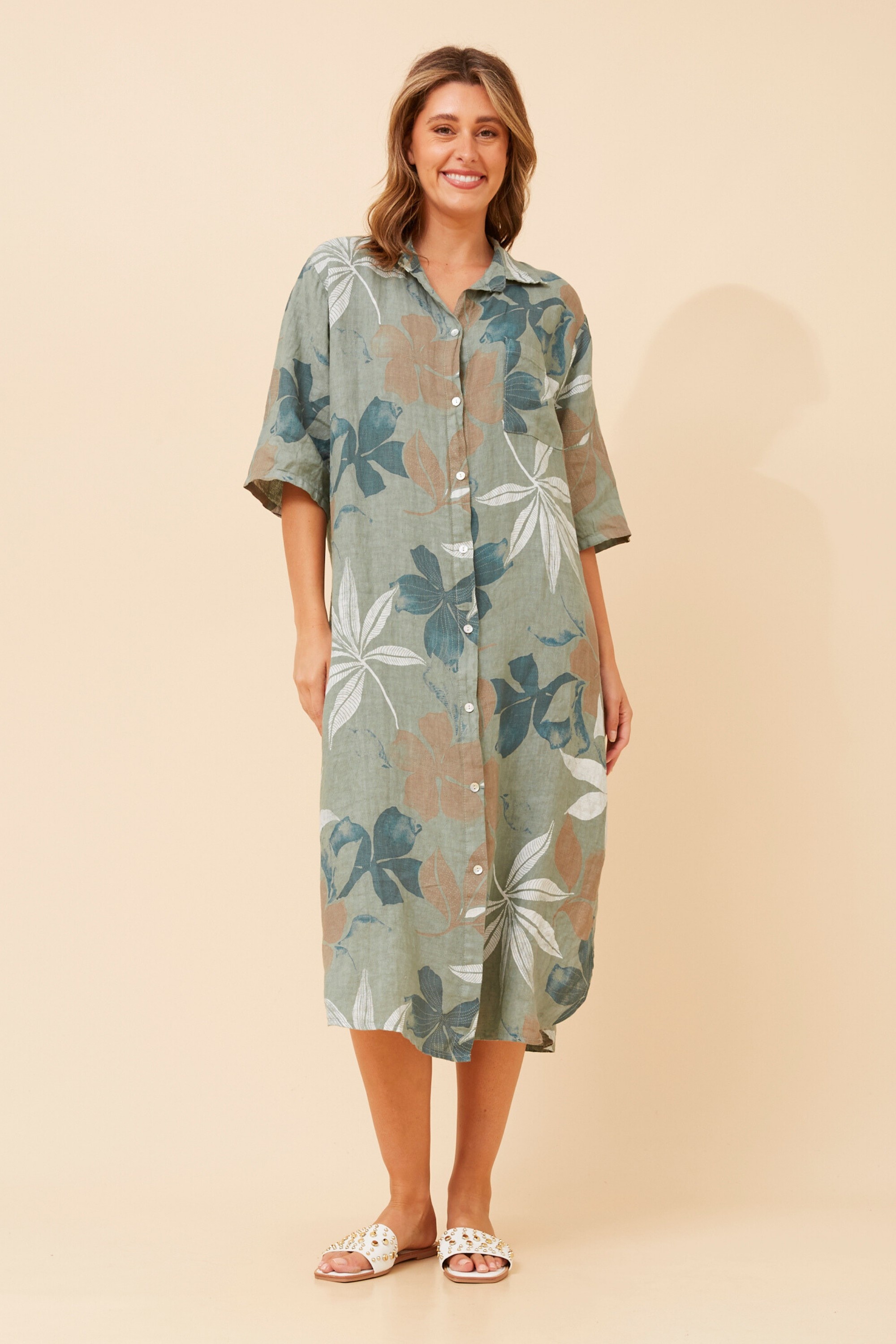 JUNO LEAF PRINT LINEN DRESS