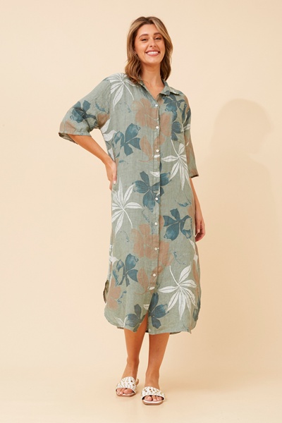 JUNO LEAF PRINT LINEN DRESS