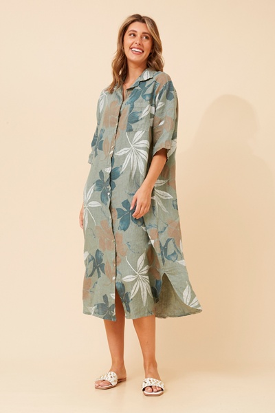 JUNO LEAF PRINT LINEN DRESS