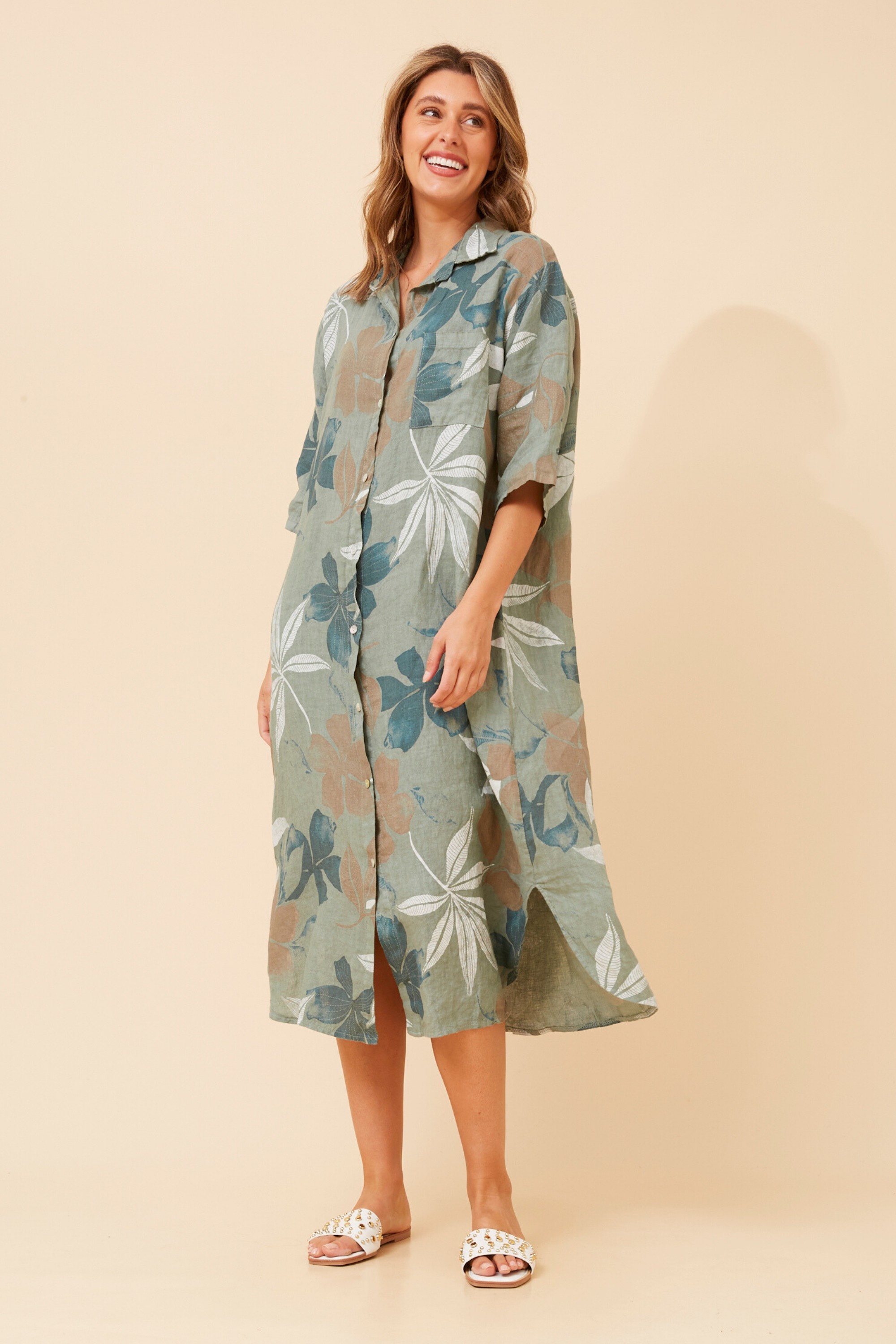 JUNO LEAF PRINT LINEN DRESS