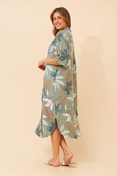 JUNO LEAF PRINT LINEN DRESS