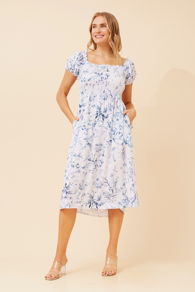 KEEVAH FLORAL OFF SHOULDER MIDI DRESS