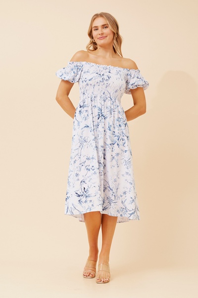KEEVAH FLORAL OFF SHOULDER MIDI DRESS