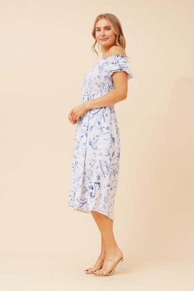 KEEVAH FLORAL OFF SHOULDER MIDI DRESS