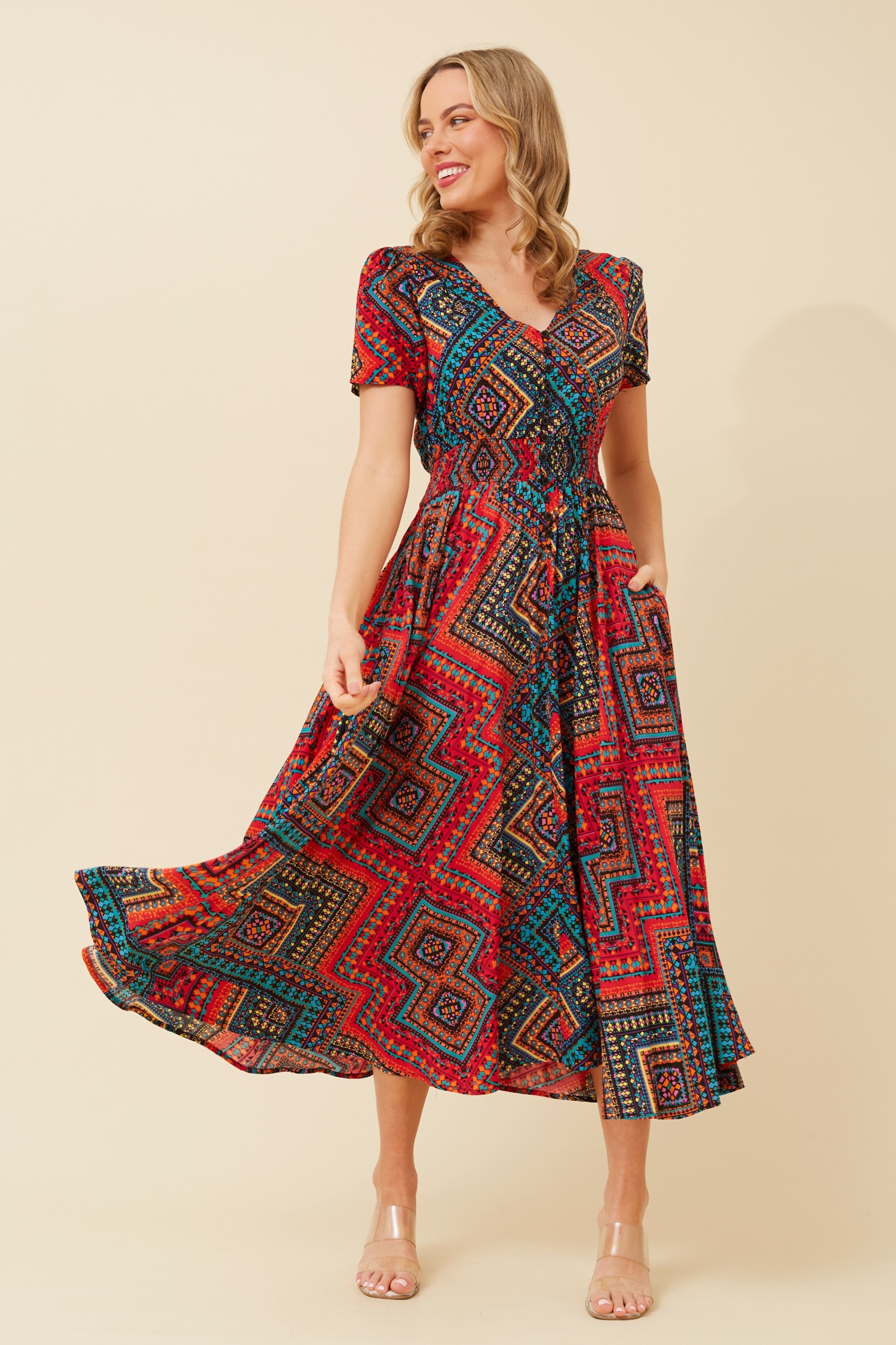 KEGAN ABSTRACT PRINT MIDI DRESS