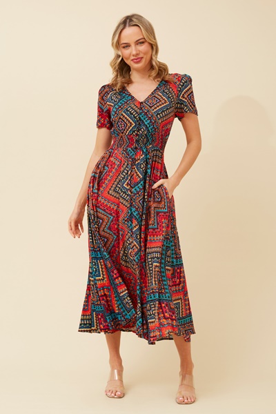 KEGAN ABSTRACT PRINT MIDI DRESS