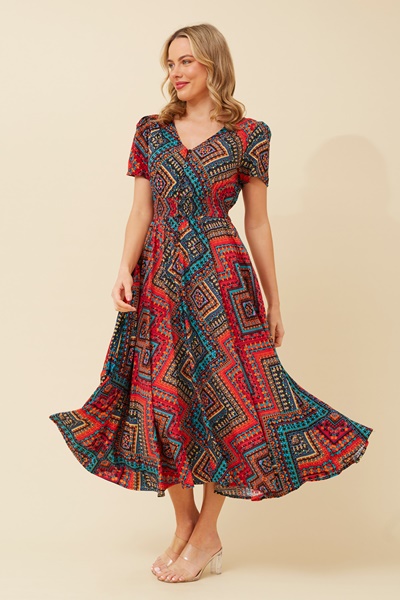 KEGAN ABSTRACT PRINT MIDI DRESS