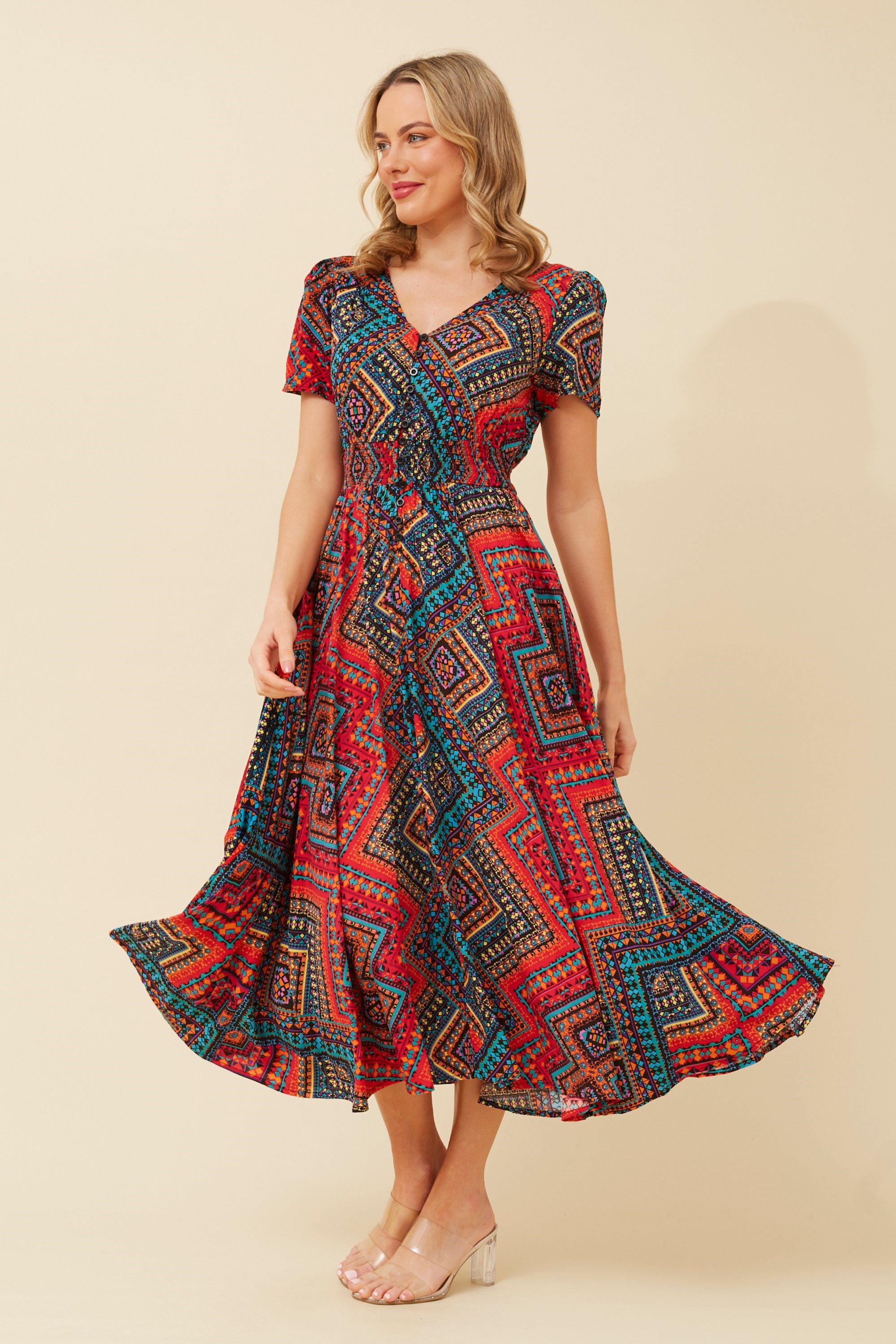 KEGAN ABSTRACT PRINT MIDI DRESS