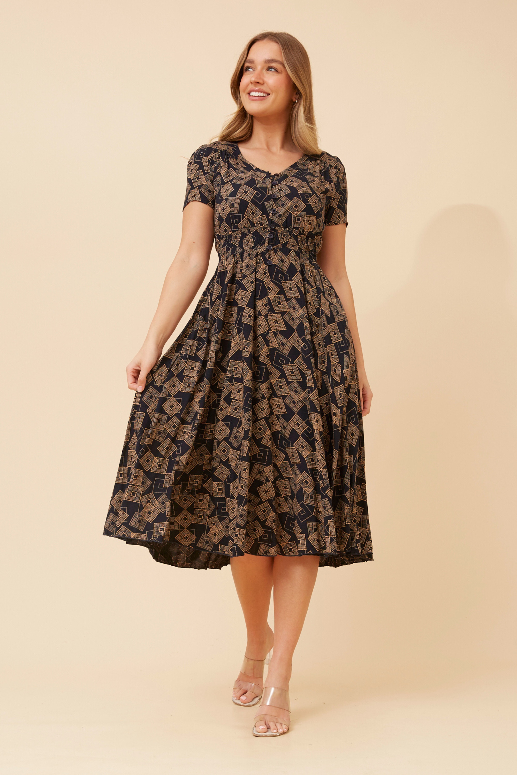 KEGAN ABSTRACT PRINT MIDI DRESS
