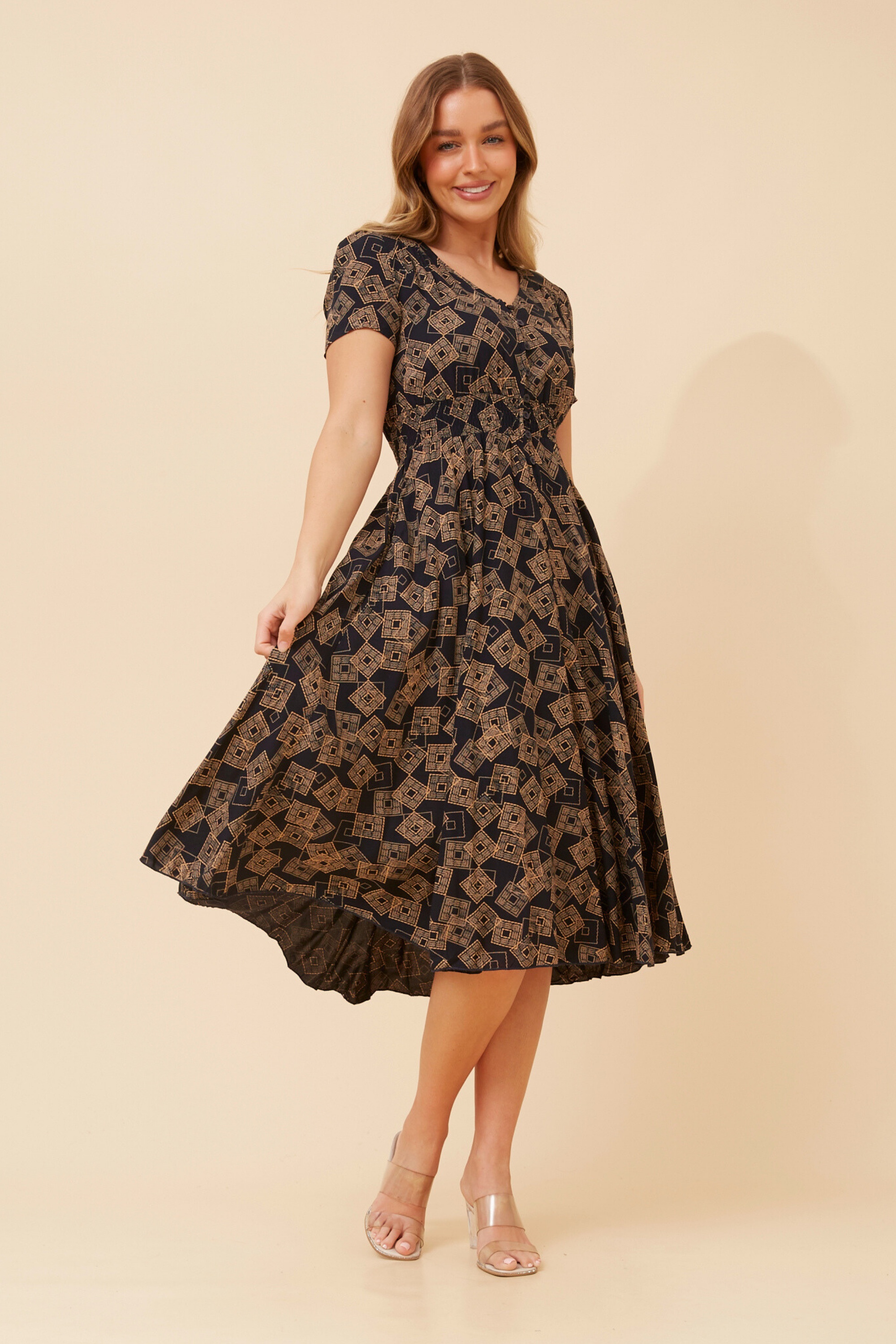 KEGAN ABSTRACT PRINT MIDI DRESS