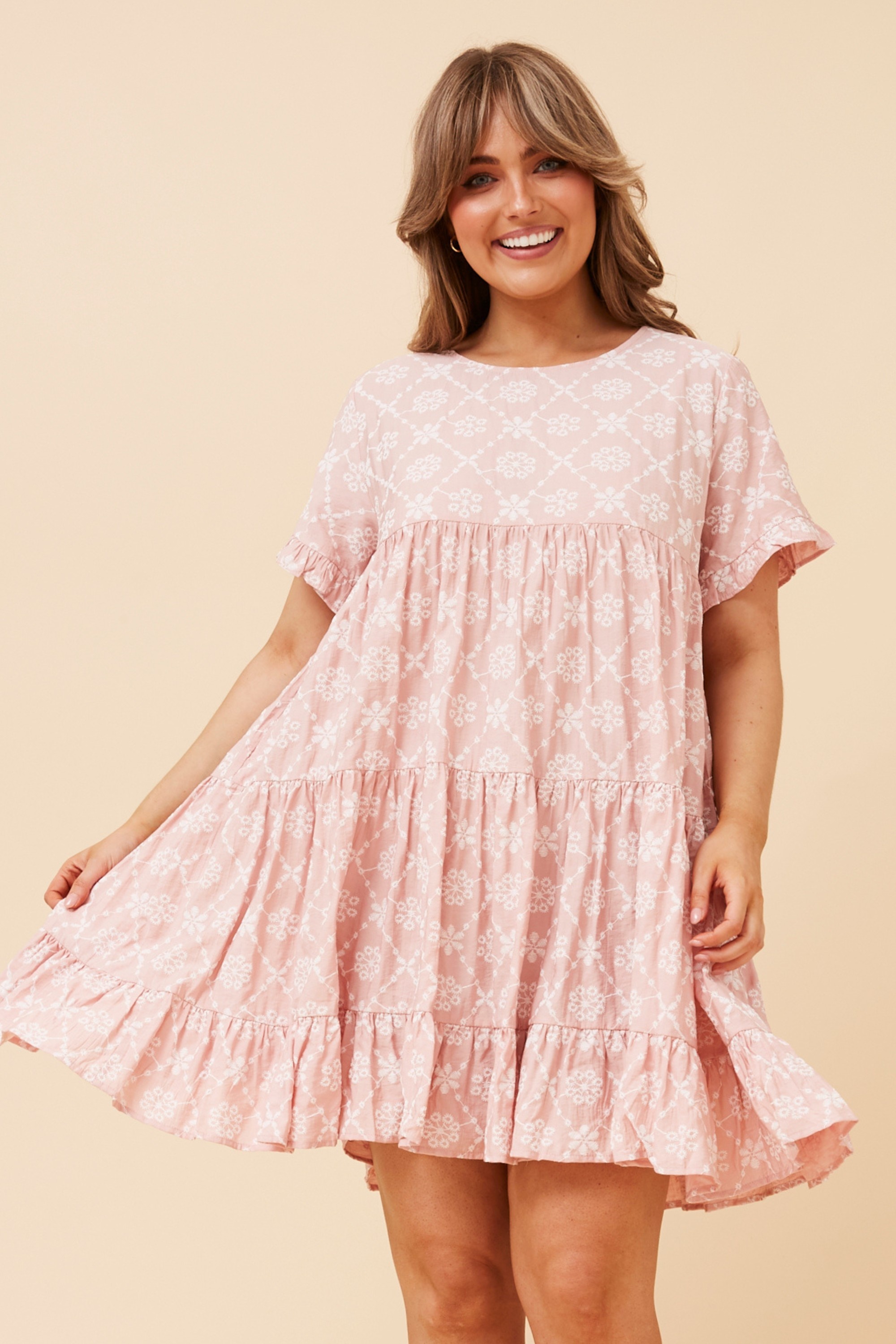 KELLY EMBROIDERY PRINTED BABYDOLL DRESS