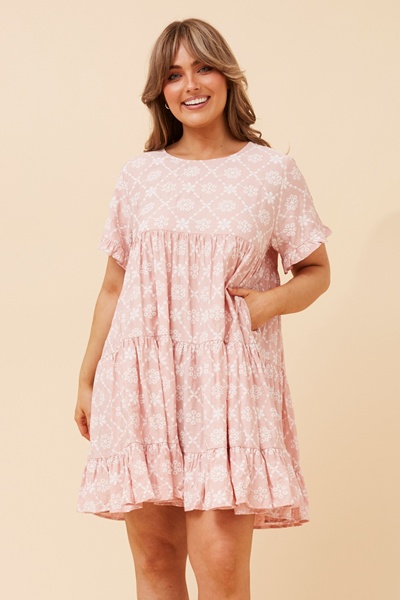 KELLY EMBROIDERY PRINTED BABYDOLL DRESS