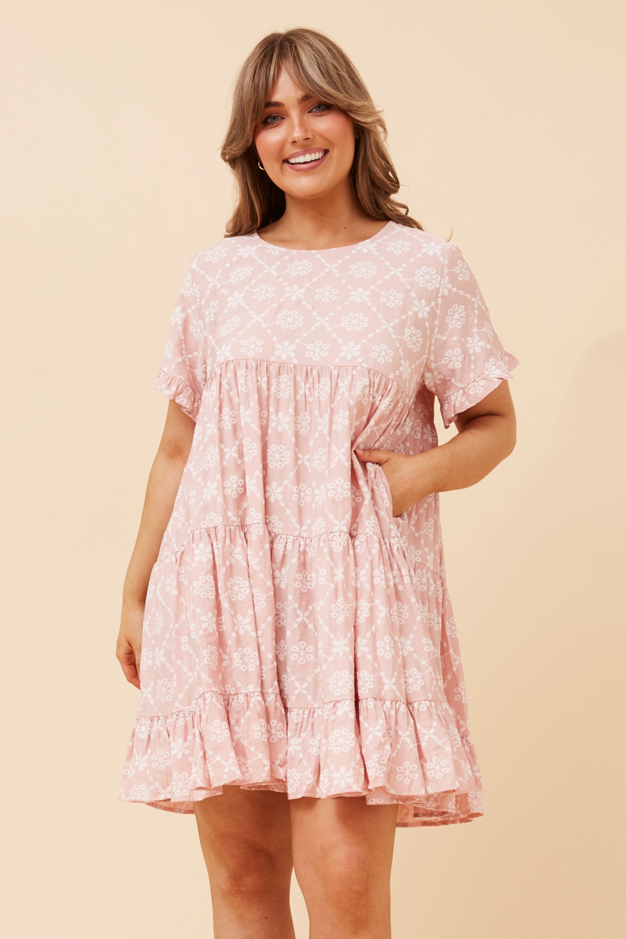 KELLY EMBROIDERY PRINTED BABYDOLL DRESS