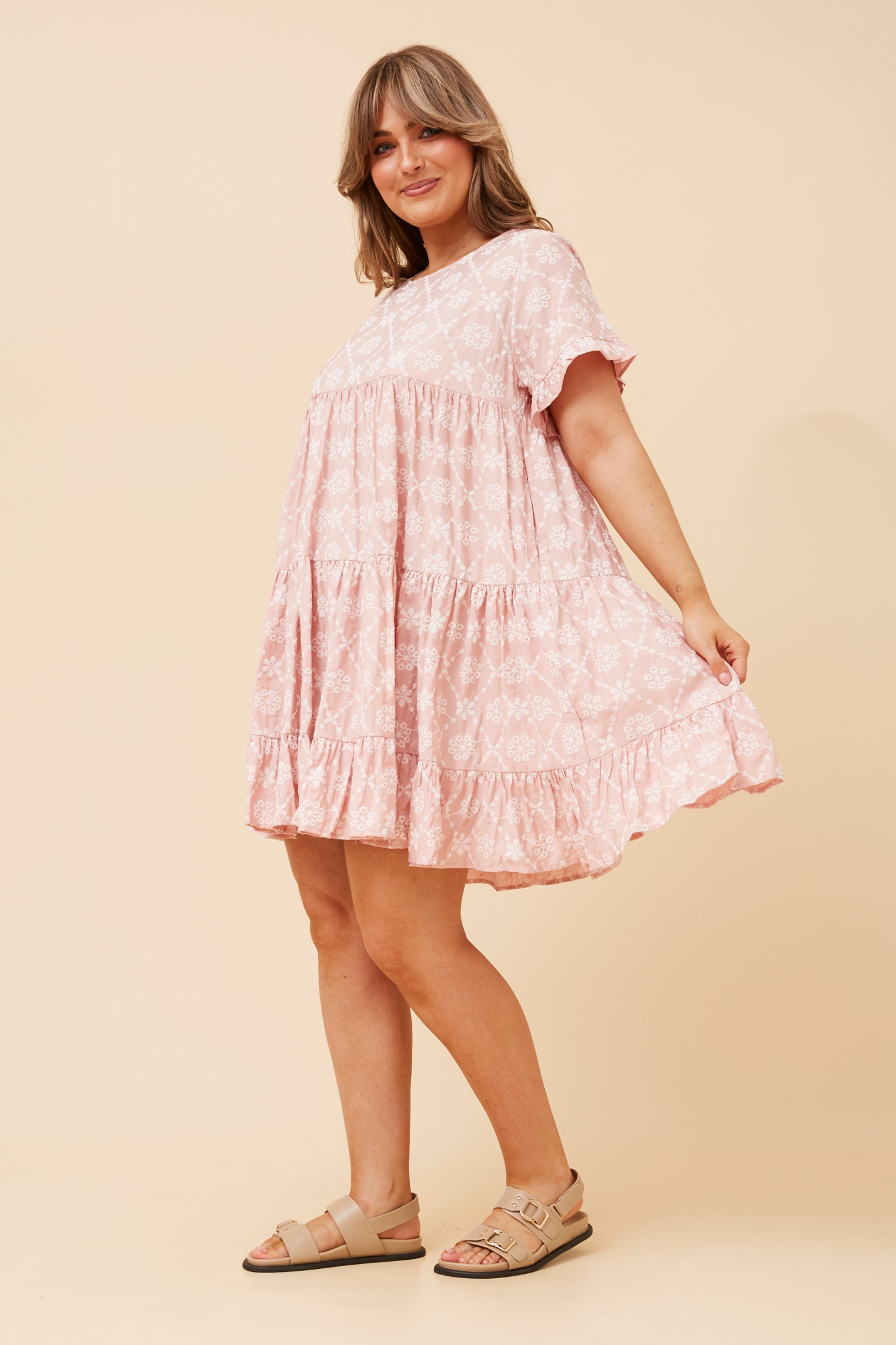 KELLY EMBROIDERY PRINTED BABYDOLL DRESS