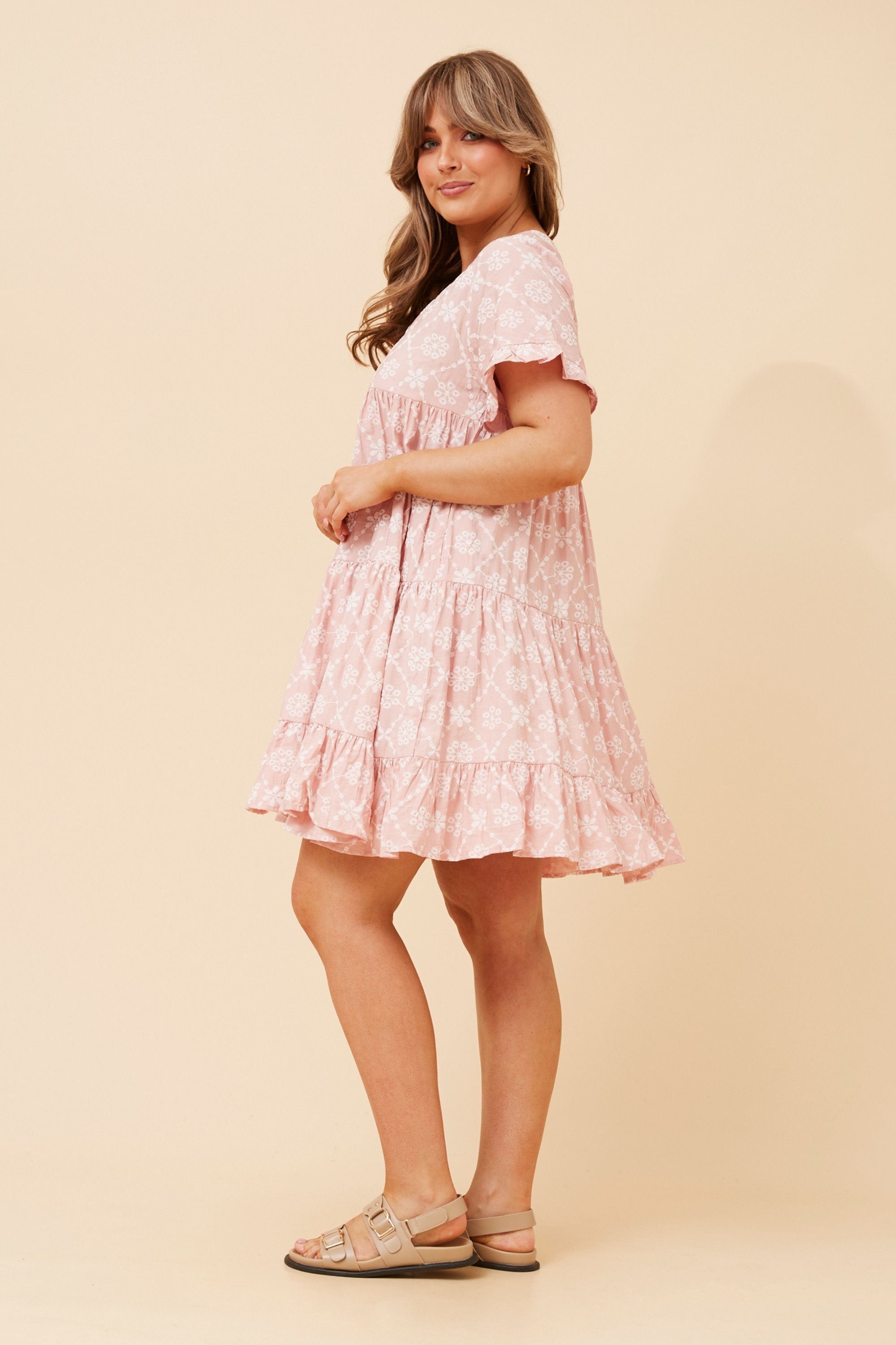 KELLY EMBROIDERY PRINTED BABYDOLL DRESS