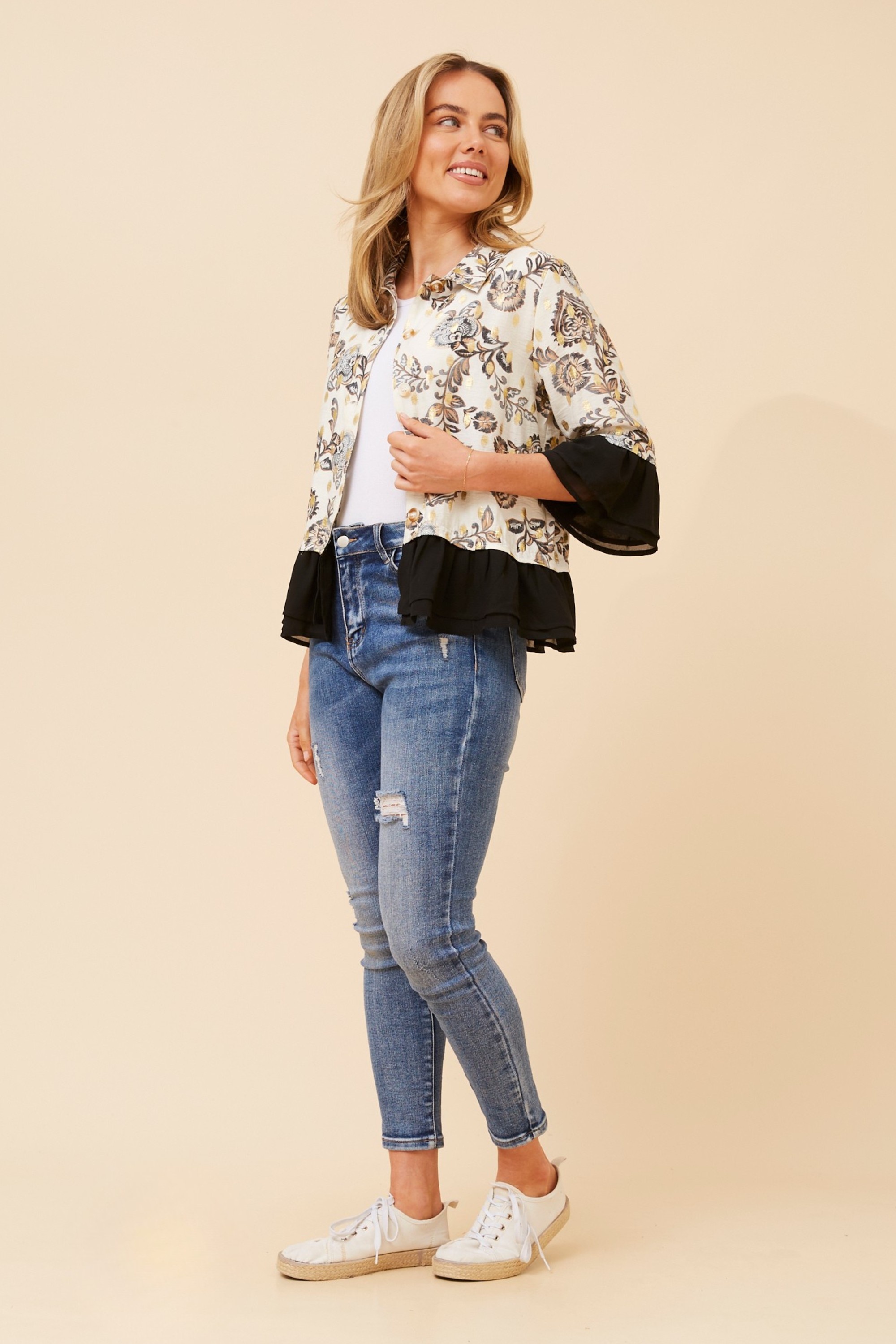 KENSLEY FLORAL PRINT FRILL JACKET