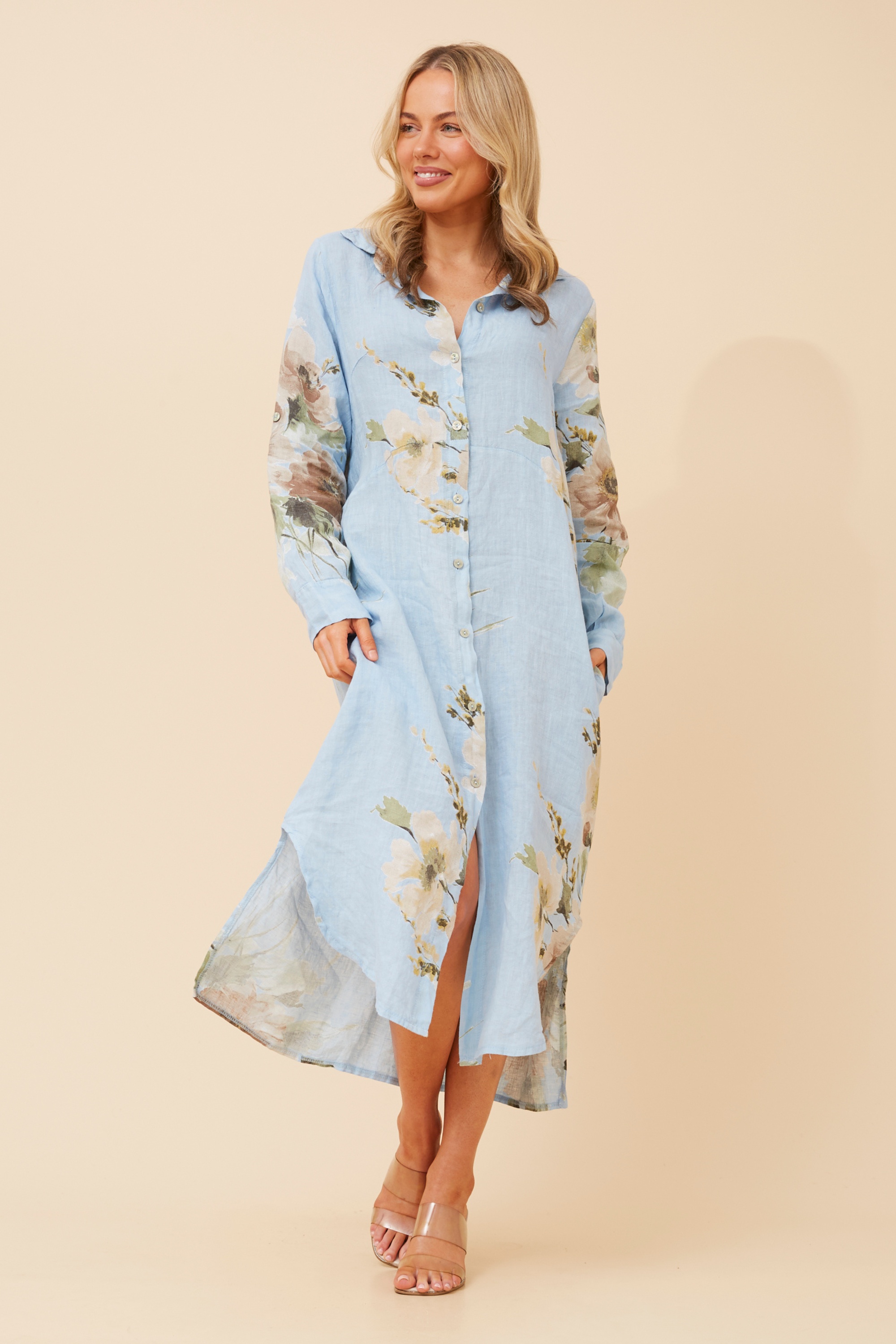 KIMMY FLORAL LINEN SHIRT DRESS