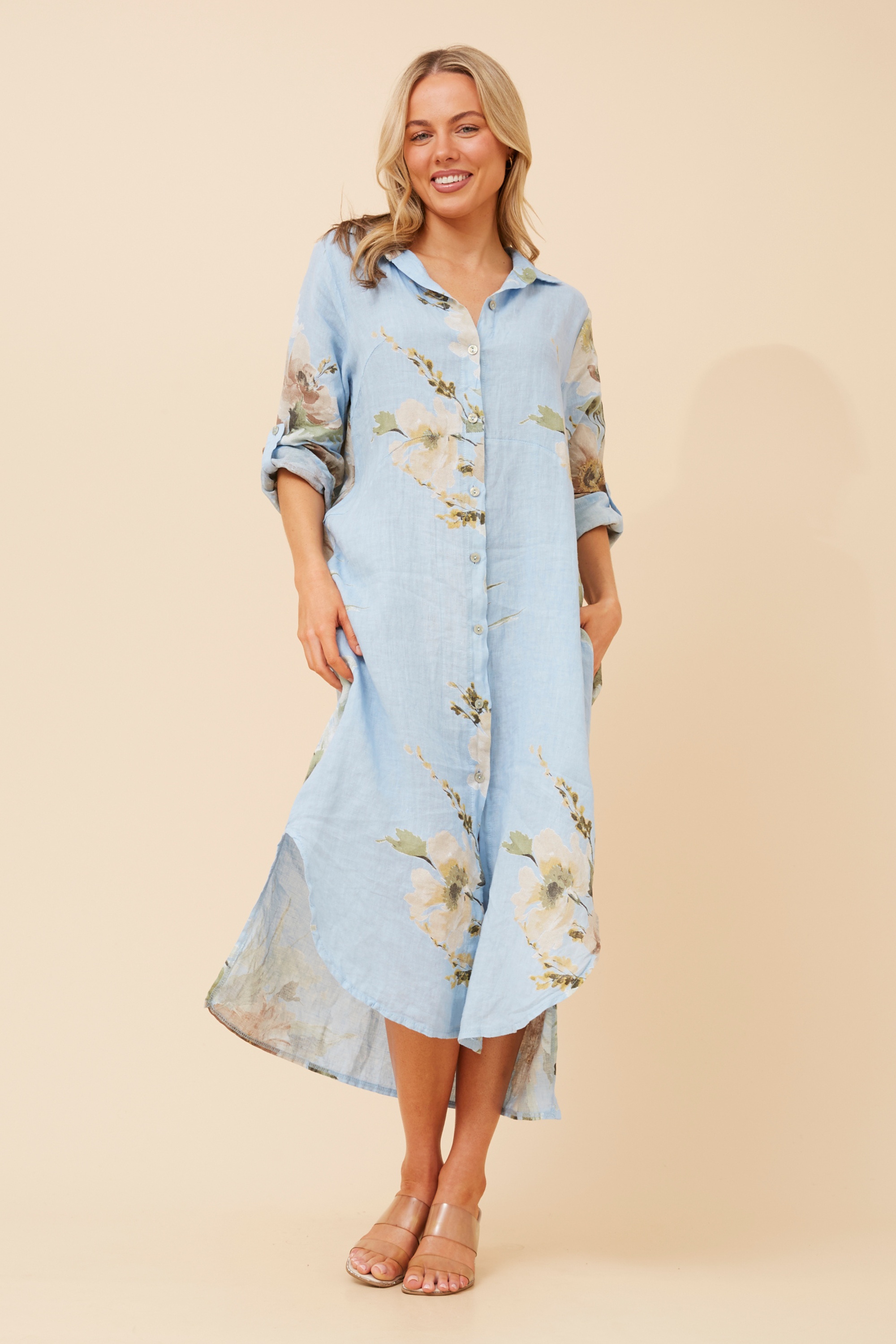 KIMMY FLORAL LINEN SHIRT DRESS