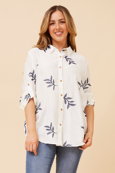 KLAUS LEAF PRINT EMBROIDERED TOP