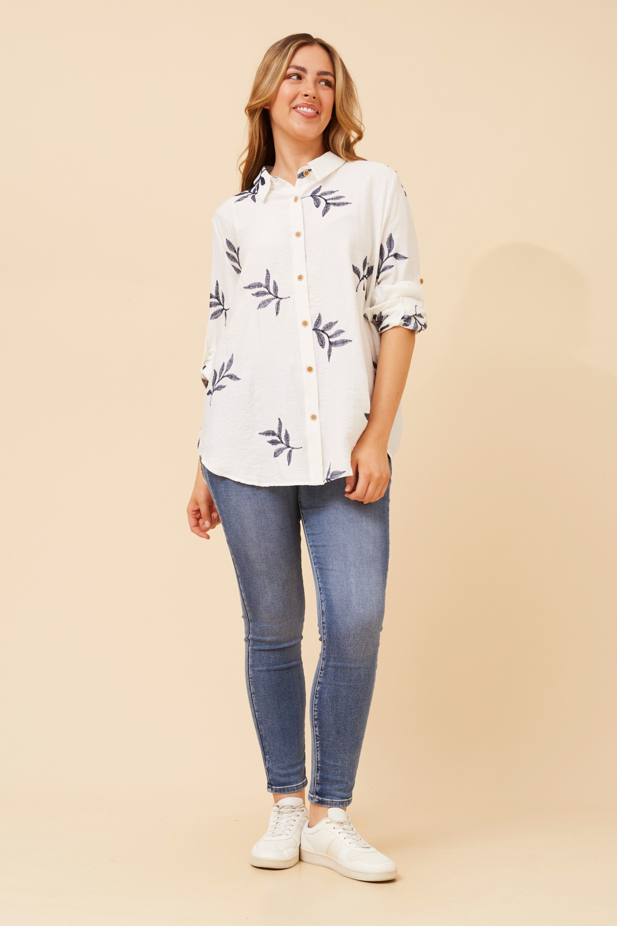 KLAUS LEAF PRINT EMBROIDERED TOP