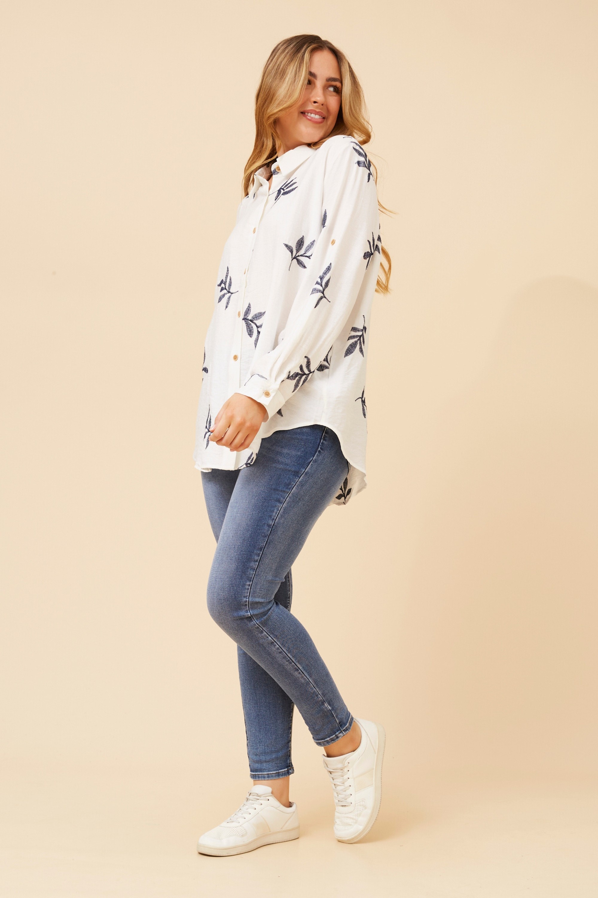 KLAUS LEAF PRINT EMBROIDERED TOP